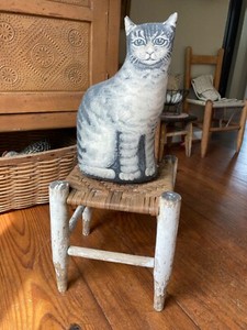 Antique Primitive Wood Foot Stool / Bench -Worn White Paint Woven Seat Farmhouse