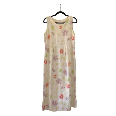 Pulôver maxi vestido verão multicolorido vintage floral sem mangas linho tamanho 8 - Imagem 1 de 4