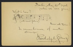 Rudolph GANZ (Pianist/Composer): "What is Love?" - Autograph Musical Quotation - Picture 1 of 1