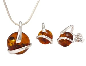 NATURAL BALTIC AMBER SILVER 925 SET EARRINGS & NECKLACE CHAIN Certified & BOX - Picture 1 of 9