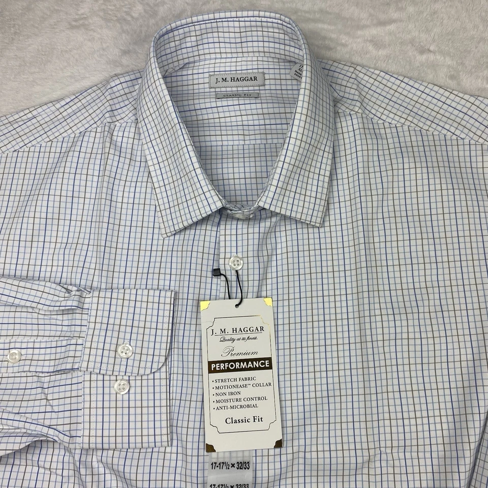 Haggar Premium Performance 男式正装衬衫 17.5-32/33 白色支票全新带标签 — 第 1/4 张图片