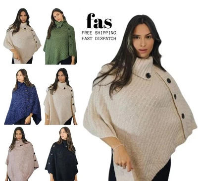Women's Winter Poncho Cowl Neck Buttons Details Soft Knit Cozy Warm Shawl Wrap - Image 1 of 4