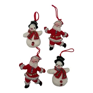 4 Vintage Handmade Sequin Felt Christmas Tree Ornaments Bucilla Santa Snowman - Picture 1 of 11