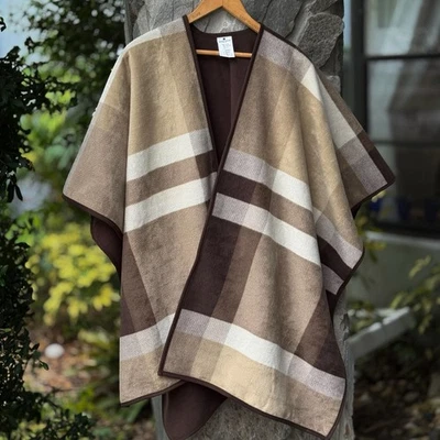 Woolrich Mujer Reversible Manta Envolvente Poncho Capa Talla Única Marrón Tostado Cuadros Foto 1 de 4