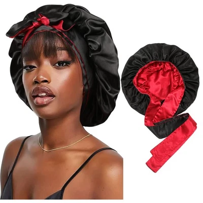 Satin Bonnet Silk Sleep Cap Hair Bonnets for Black Women Stretchy Tie Band fo... - Image 1 of 4