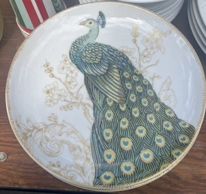 222 Serene Pfau blau grün Pfau Gold Blumen und Borte weiß Salatteller - Bild 1 von 3