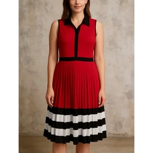 Michael Michael Kors Midi Dress Women 14 Red Black White Striped Pleated Sheer - Picture 1 of 12