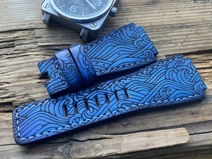 Correa de reloj de cuero hecha a mano de 24 mm, Bell & Ross, azul - Imagen 1 de 9