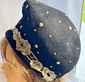 Jack McConnell Boutique Hut schwarz gold geflochten, Messing Nieten Punkte 100% Wolle Vintage - Bild 1 von 10