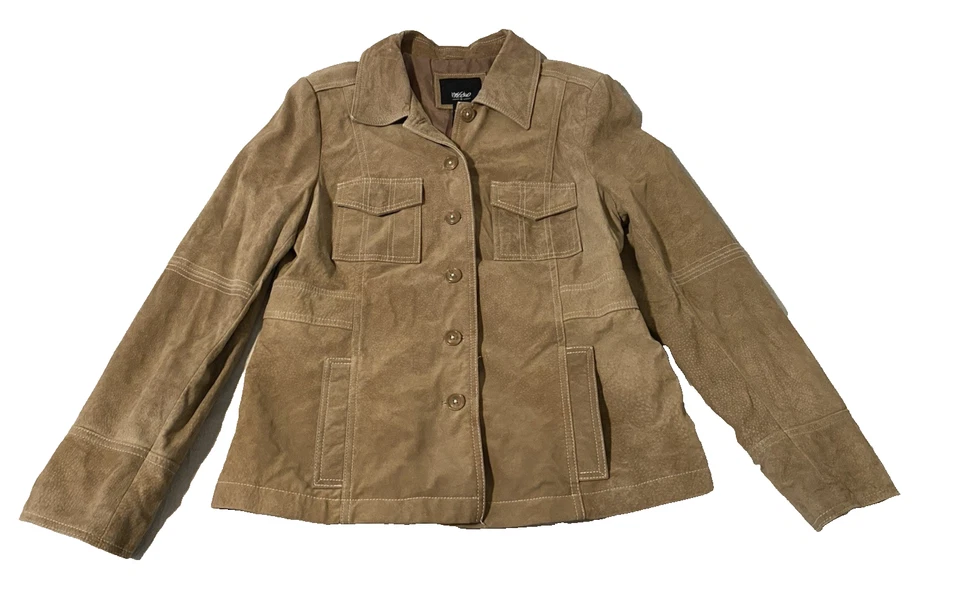 Mossimo Moto Chaqueta Mujer Grande Botón Delantero Años 70’s Tostado Gamuza Cuero Abrigo Foto 1 de 4