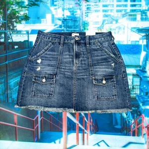 SO Utility Blue Denim CARGO Mini Skirt Junior's Size 17/33 Distressed FRAYED Hem - Picture 1 of 11