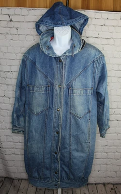 Vintage 80s Andy Johns Acid Wash Long Denim Hooded Jacket Size Small 3/4 Sleeve - Image 1 of 4