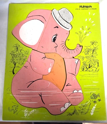 Vintage Green Playskool 275-36 Pink Elephant Wooden Puzzle - Image 1 of 4