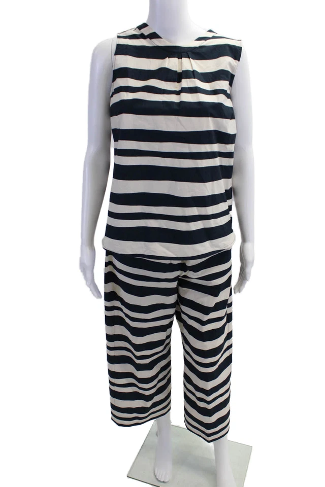 S Max Mara женщин декольте в полоску Топ брюки комплект белый темно-синий хлопок размер 6 8 - Изображение 1 из 4