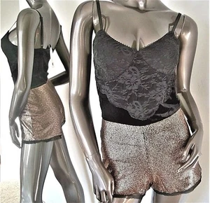 NWT-ONE CLOTHING BLACK VELVET STRETCH LACE GOLD SEQUIN SHORTS ROMPER SZ-S MSP$50 - Picture 1 of 12