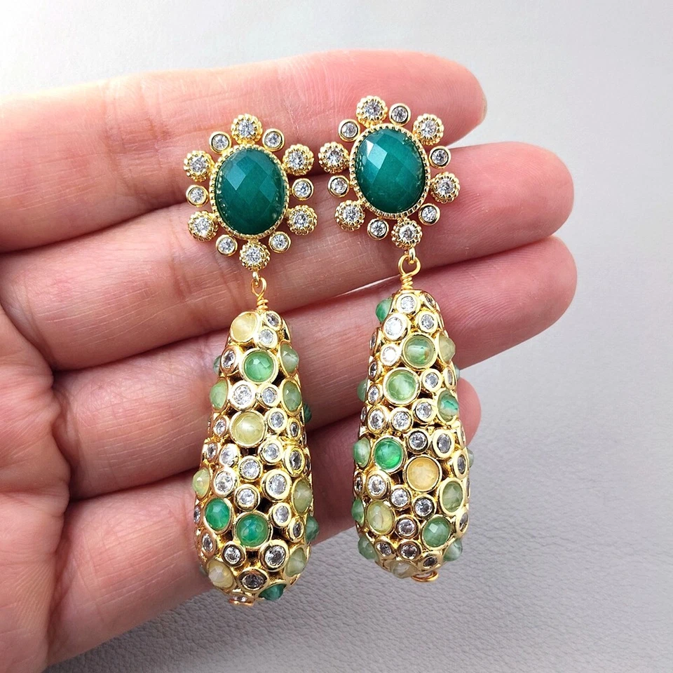 Pendientes colgantes de jade verde lágrima recortados de cuarzo fluorita verde 16x35 mm Foto 1 de 4
