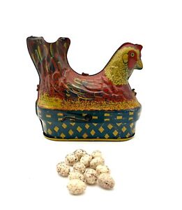 Vintage Chicken Hen Lays Eggs 1940 Wind-Up Tin Litho Easter Toy Baldwin WORKS!
