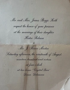 Dover Delaware Wedding Invitation Hester Boggs Keith to J. Roscoe Masten 1916 - Picture 1 of 2