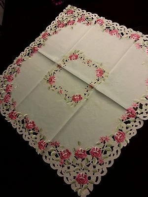 33"x33" Square Embroidered Pink Floral Cutwork Tablecloth Gift Party Home Decor - Image 1 of 4