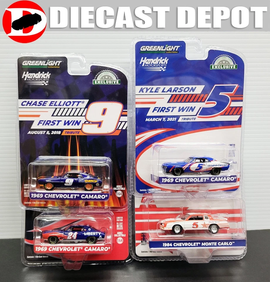 HENDRICK MOTORSPORTS PRIMERA VICTORIA TRIBUTOS COMBO DE 4 COCHES 1/64 LUZ VERDE FUNDIDO A PRESIÓN Foto 1 de 1