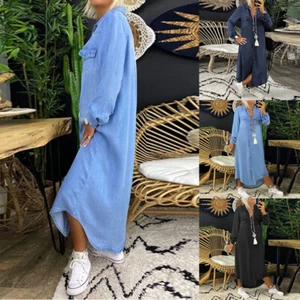Damen Denim Maxi Hemd Kleid Damen Langarm Knöpfe Jeans Sommerkleid Übergr #T 〒 - Picture 1 of 12