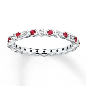 Eternity Wedding Band Ring Simulated Ruby 14K White Gold Plated Sterling Silver - Picture 1 of 2