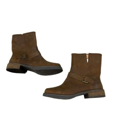 Botas de motocicleta Dingo para mujer de cuero marrón sin cordones con hebilla redonda EE. UU. 9 Foto 1 de 4