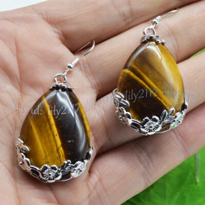 Pendientes de gancho de piedras preciosas con flores de ojo de tigre amarillo genuino de plata 925 del Tíbet Foto 1 de 3