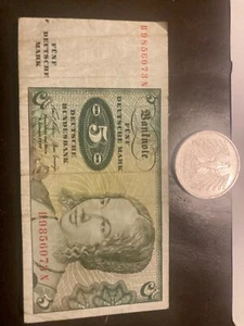 GERMANY 5 mark 1960 bank note - Venetian Woman & 1991 5 mark Coin - Picture 1 of 2