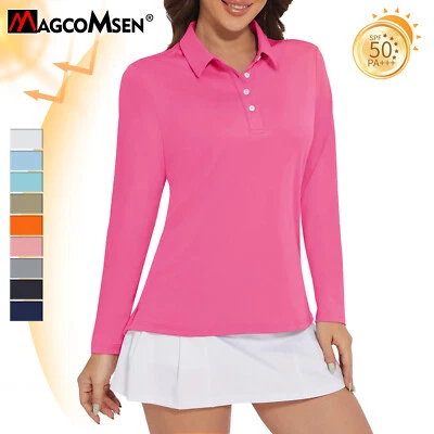Womens UPF50+ Polo Shirts Long Sleeve Fishing Shirt Golf Tennis UV Top - Image 1 of 4