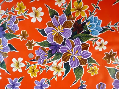 ORANGE HIBISCUS VINYL OILCLOTH TABLECLOTHS DINING KITCHEN PATIO 6 SIZE 48x48-108 - Image 1 of 3