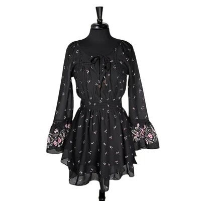 Vestido Feminino American Rag Preto Floral Camadas Elástico Cintura Manga Sino Boho P - Imagem 1 de 4