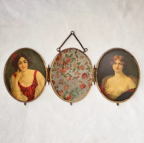 Antique Victorian Women Metal Frame Tri Fold Mirror Wall Hanging - Broken Clasp Cover