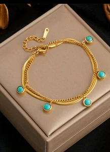 Bracciale con ciondolo tondo turchese in acciaio inox - Foto 1 di 5