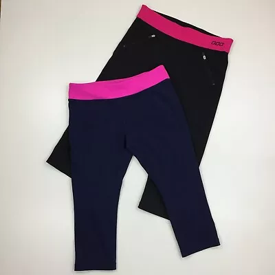 批量 2 件 LORNA JANE 女式小号黑色深蓝色霓虹作物拉链口袋打底裤 — 第 1/4 张图片