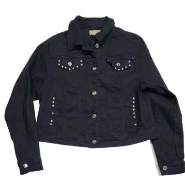 Chaqueta de camionero Earl Jean estrás manga larga negra de mezclilla para mujer 14/16 Foto 1 de 4