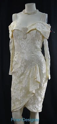 New Leaf cream Wedding Ball bead lace bridal Victorian dress knee gown 6 S M VTG - Image 1 of 4