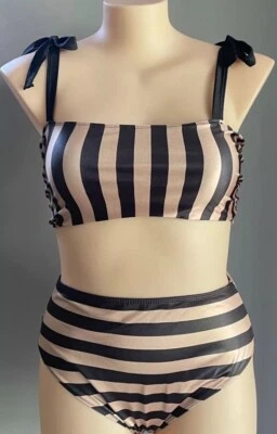 Conjunto de bikini BOOHOO a rayas doradas y negras 2 piezas talla 18 cintura alta corbatas de hombro NUEVO Foto 1 de 4