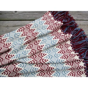 Hand Woven Throw Fringed Vintage Cotton Burgundy Blue & Cream - Picture 1 of 10