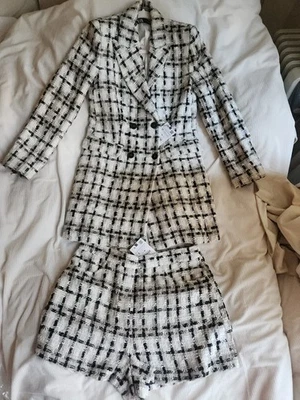 ZARA Set LONG TEXTURED CHECK BLAZER + Shorts  taupe brown ZW COLLECTION Nwt - Image 1 of 4