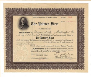 MAINE 1910 The Palmer Fleet Stock Certificate Shipping William F Palmer - Picture 1 of 2
