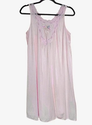 Vtg Lorraine Pink Nylon Nightgown Knee Length Lace & Floral Bodice Size Small - Image 1 of 4
