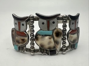 Native American Sterling Silver Inlay Owl Bracelet Vintage - Picture 1 of 13