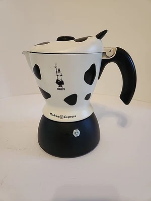 Bialetti Mukka Express 2 Cup Cow Print Stovetop Cappuccino Maker Black & White Foto 1 de 4