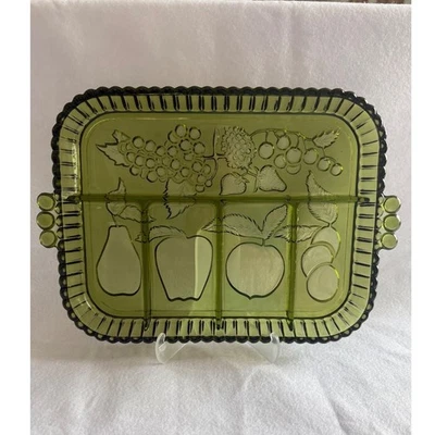 Vintage Indiana Green Glass Relish Tray Divided Serving Dish Fruit Design - Image 1 of 4