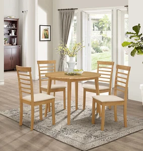 Dining Table Set, Small Solid Wood Drop Leaf Round Table & 4 Fabric Seat Chairs - Picture 1 of 8