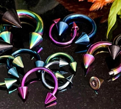 1pc Titanium Spiked Circular Barbell Horseshoe Septum, Eyebrow, Nipple Ring - Image 1 of 2