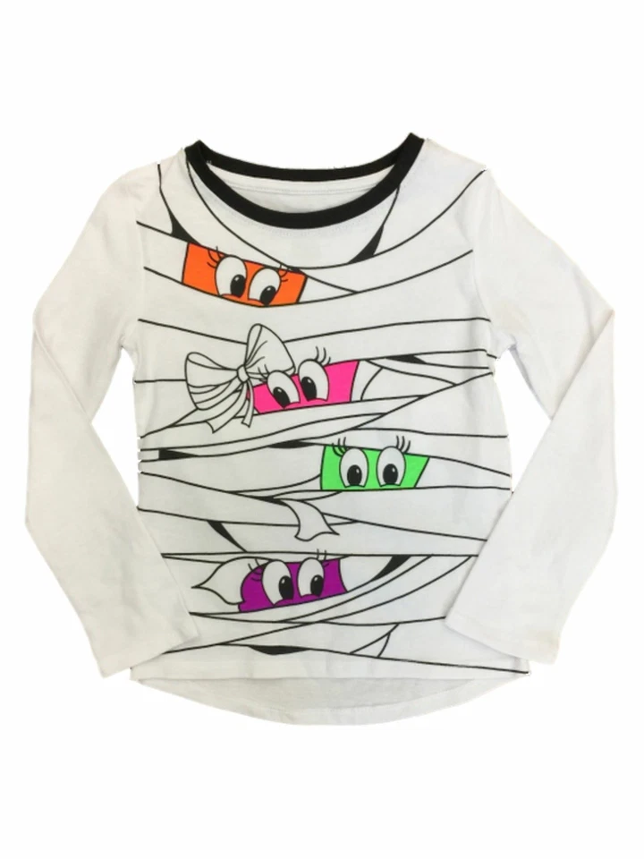 Girls White & Black Mummy Neon Faces Long Sleeve Halloween Shirt - Image 1 of 1