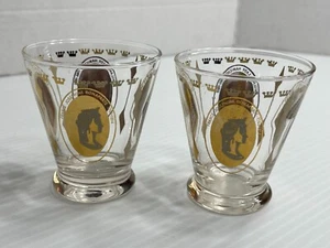 Mid-Century Cocktail Cordial Shot Glasses Set of 2 - Gold Royal Lady Portrait - Picture 1 of 9