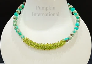 Turquoise & Peridot Beaded Choker Statement Necklace, Gold Plated Chain Necklace - Picture 1 of 5